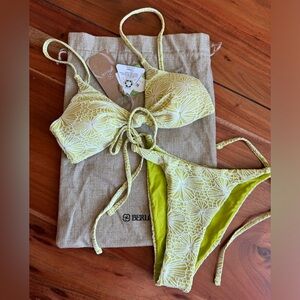 Berlook Vibrant Yellow Green jacquard flower print knot Bikini textured size XS